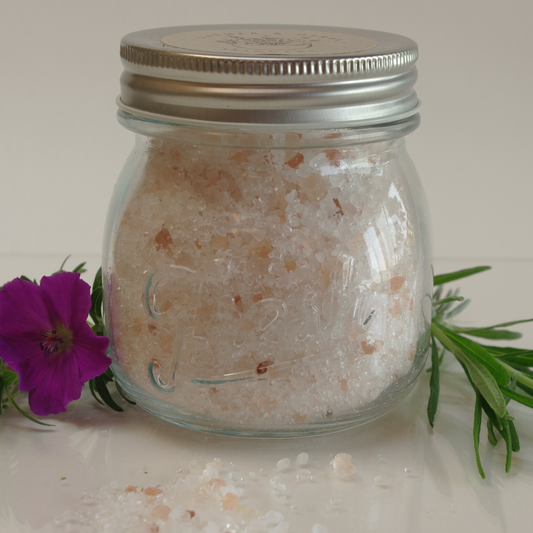 Recyclable reusable glass preserve jar with aluminium lid with mineral bath salts of himalayan, sea salt and epsom salts with lavender and geranium essential oils