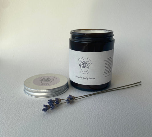 Lavender body butter jar with aluminium lid and lavender flower sprig