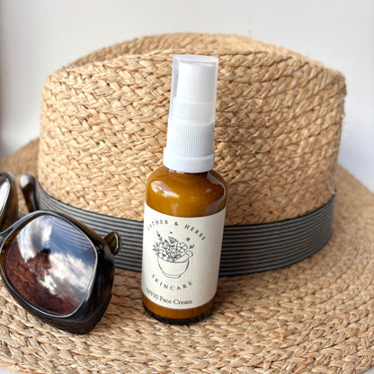 Bottle of face cream with a label, sunglasses, and a straw hat on a white background