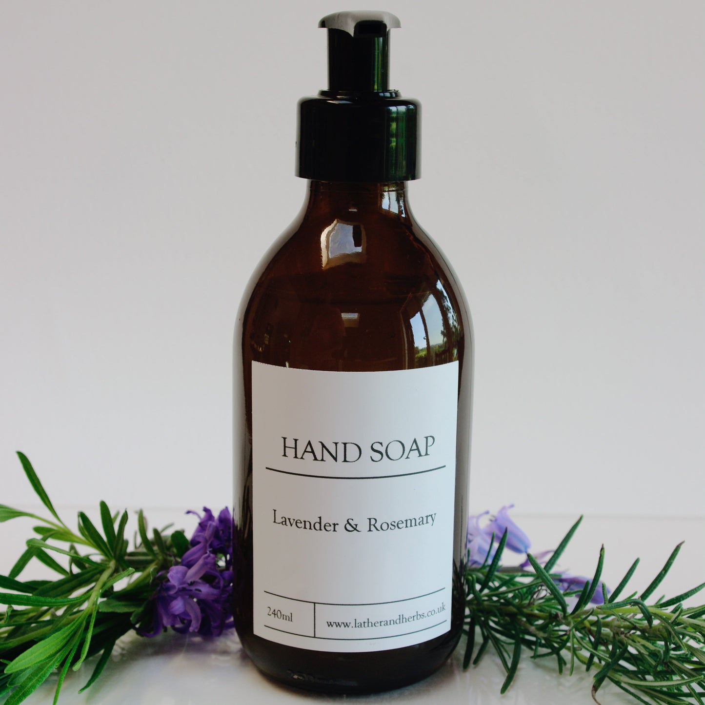 amber bottle with liquid hand soap 