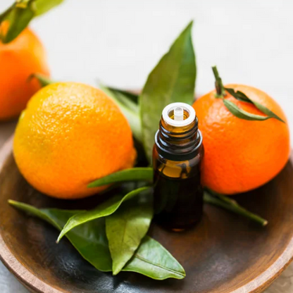 Bottle of essential oil with oranges and leaves on a wooden plate